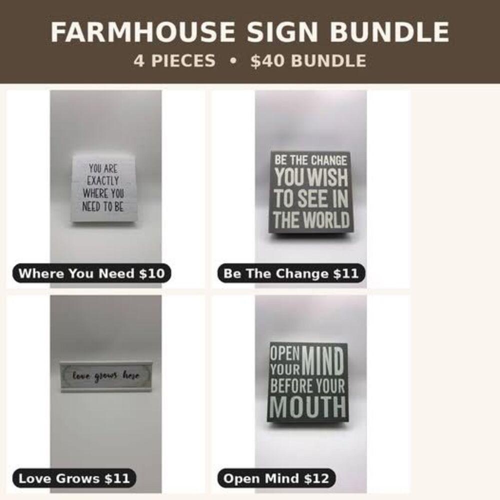 Farmhouse Sign Bundle 4 Pack | Inspirational Wood Box Signs Rustic Home Wall Dec